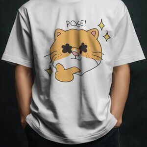 Pose Cat Graphic Green Tee, NEW